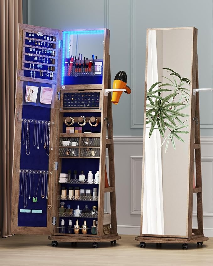 Jewelry Armoire with Full-Length Mirror, Lock and 360° Swivel Base - Walnut | SKKTKT Lockable Jewelry Cabinet - Lighted Mirror, Rotating Storage and Standing Organizer