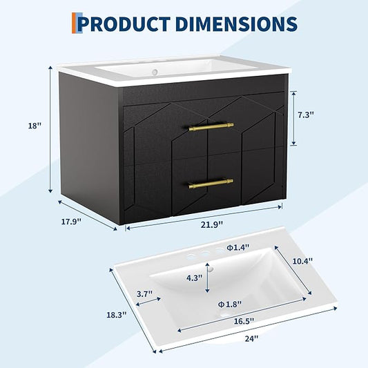 Garvee 24" Bathroom Vanity with Sink, Floating Bathroom Vanity with Ceramic Basin, 2 Large Storage Drawers with Gold Metal Handle, Modern Wall Mounted Bathroom Cabinet with Sink, Black