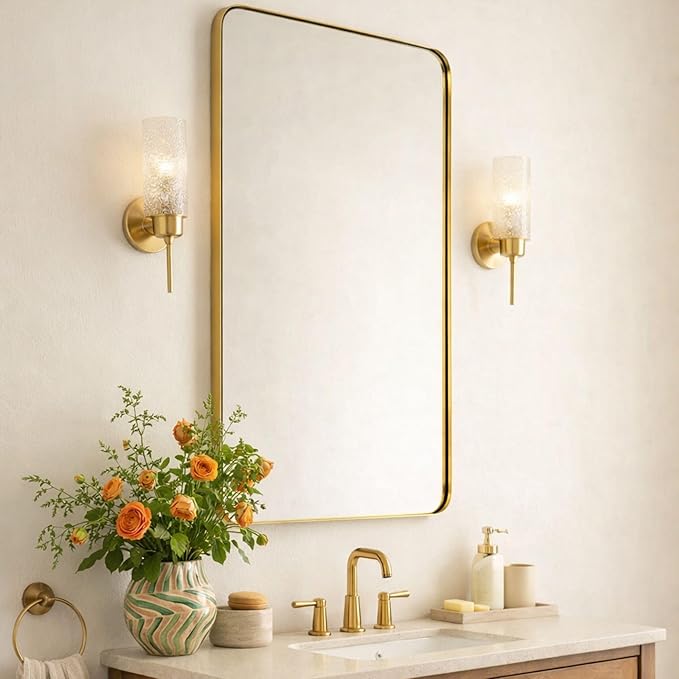 GRACTO 24x30'' Chrome Metal Framed Bathroom Mirror for Wall in Stainless Steel Rounded Rectangular Bathroom Vanity Mirrors Wall Mounted