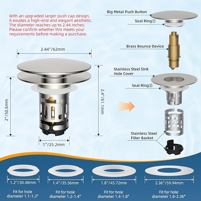Hibbent Upgraded 3 in 1 Bathroom Sink Drain Strainer, Pop Up Sink Stopper with Big Push Cap, Anti-Clogging Metal Filter Basket,Sink Plug with Hair Catcher for 1.1''~2.36'' Basin, Brushed Nickel