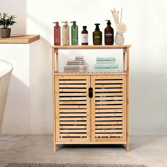 Bamboo Storage Cabinet with Doors, Floor Freestanding Cabinet with Shelves for Bathroom, Kitchen, Living Room