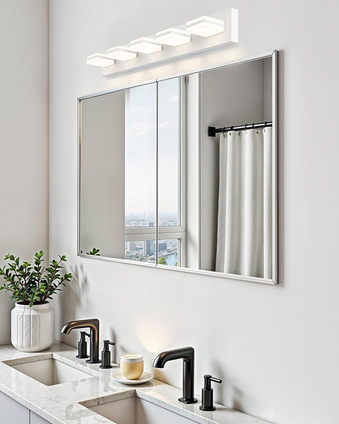 VONLUCE LED Modern Bathroom Vanity Light Fixture, Matte White | 34'', 5-Light, 3CCT, 360° Rotate, High CRI, Flicker-free, Dimmable, Memory Function, Waterproof IP44, Easy Installation