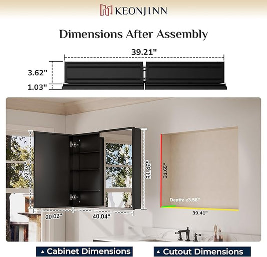 Keonjinn Large Medicine Cabinet Mirror 40 x 32, Black Beveled Frame, 2 Door | Assembly Required, Stepless Adjustable Shelves, Waterproof Aluminum Rust-Resistant, Tempered Glass, Surface Mount or Recessed