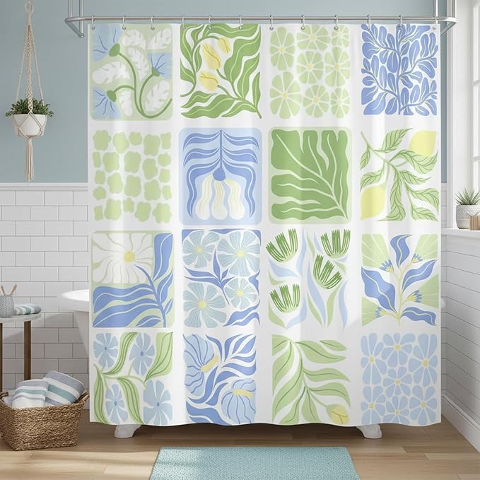 JAWO Blue Cute Boho Floral Shower Curtain, Colorful Abstract Floral Retro Aesthetic Shower Curtain for Bathroom, Funky Unique Waterproof Fabric Polyester Bath Curtains Decor with Hooks,60Wx70H