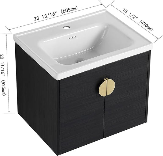 Henf Bathroom Vanity, 24 Inch, Wall Mount, Modern, Black, Ceramic Countertop, Double Doors, Floating, Gold Handle