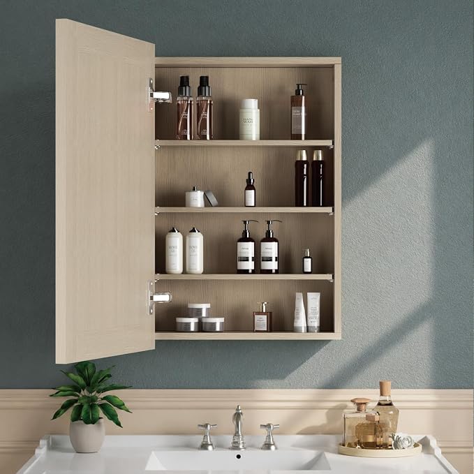Buruis 20 x 28 Inch Bathroom Wood Medicine Cabinet Mirror, Oak Finish | Fully Assembled Design, Adjustable Glass Shelves, Soft-Close Hinges, Bathroom Storage Organizer, Left/Right Opening