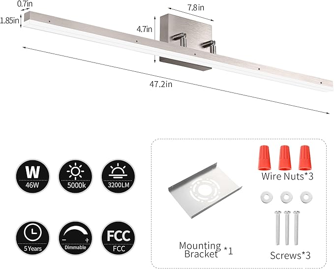 48in Modern LED Brushed Nickel Vanity Light Bar, Adjustable Bathroom Light Fixtures Over Mirror, Dimmable 46W 3200LM 5000K Cool White