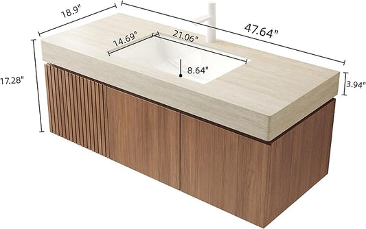 LKTART Floating 48 Inch Bathroom Vanity with Sink, Modern Plywood Wall Mounted Bathroom Storage Cabinet with 2 Doors and 1 Drawer, Roma Travertine-Pattern Sintered Stone Countertop and Ceramic Basins