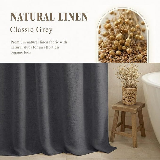 Linen Shower Curtain Flax Dark Gray, Fabric Boho Farmhouse Shower Curtains for Bathroom Cotton Natural Cloth Liner Set 72" W x 72" L