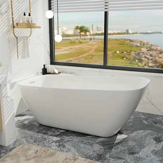 Acrylic Freestanding Bathtub, Single Slipper Free Standing Tub, Soaking Tub with Integrated Slotted Overflow, Toe-Tap Chrome Drain, cUPC Certified, Glossy White