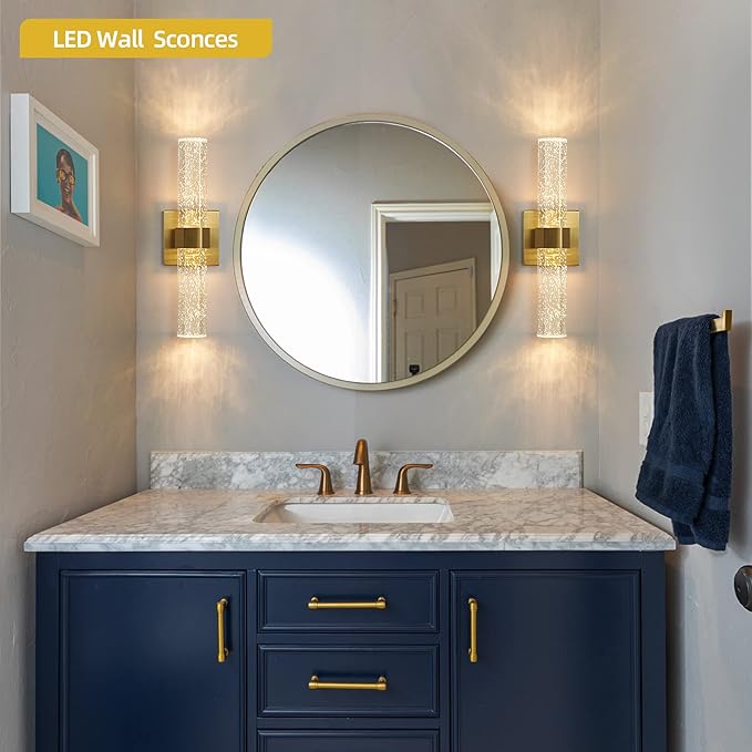 Wall Sconces Set of Two - Gold Sconces Wall Lighting 14W Dimmable LED Crystal Bathroom Light Fixture with Bubble Glass 15.7inch Indoor Vanity Lights for Bathroom Hallway Bedroom (2 Pack)