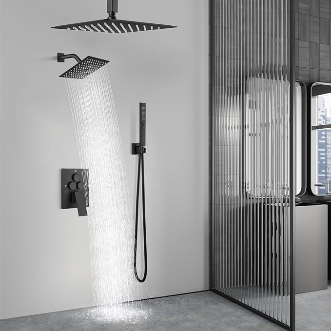 Aolemi Ceiling Shower Faucet Set System Dual Head 16&6 Inch Matte Black | 2 in 1 Handheld Spray,Shower Valve and Trim Kit,Push Button Diverter, 16"Top+6" Wall Rain Head,Bathroom Mixer for Couple
