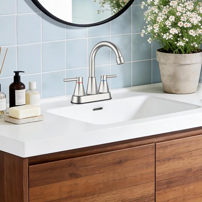 4-Inch Centerset Bathroom Sink Faucet 2-Handle, Brushed Nickel | Lead-free stainless steel, pop-up drain included, Detachable faucet aerator, 360°swivel spout, for vanity sink 3-hole mount