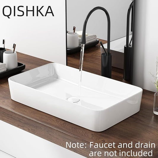24 Inch Rectangular Bathroom Sink Above Counter, QISHKA White Ceramic Vanity Vessel Sink - 24" x 14" Countertop Rectangle Hand Wash Sink Porcelain Art Basin