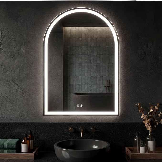 DUMOS 28"×36" LED Bathroom Mirror with Lights, Arched Vanity Mirror with Anti-Fog, Dimmable, 3-Color Light, Memory Function, Tempered Glass