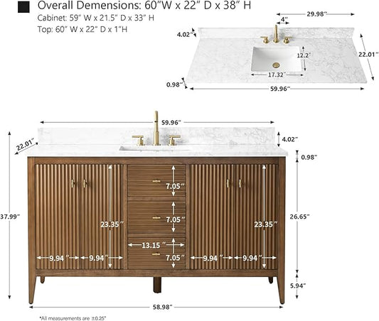 HOMEBEYOND 60" Bathroom Vanity with Single Sink, Solid Wood Bathroom Vanity Free-Standing Cabinet, Ceramic Top & Soft Closing Door, Golden Brushed Handware, Walnut