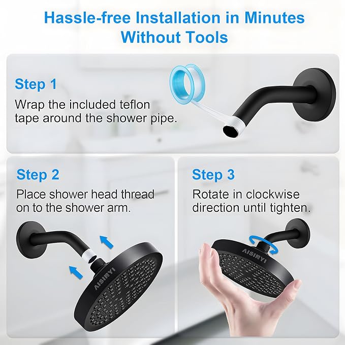 6" High Pressure Rain Shower Head, Luxury Matte Black Finish | 6 Inch Fixed Bathroom Showerhead, Adjustable Replacement, 90 Anti-Clog Nozzles, Removable Restrictor, Tool-Free Easy Install