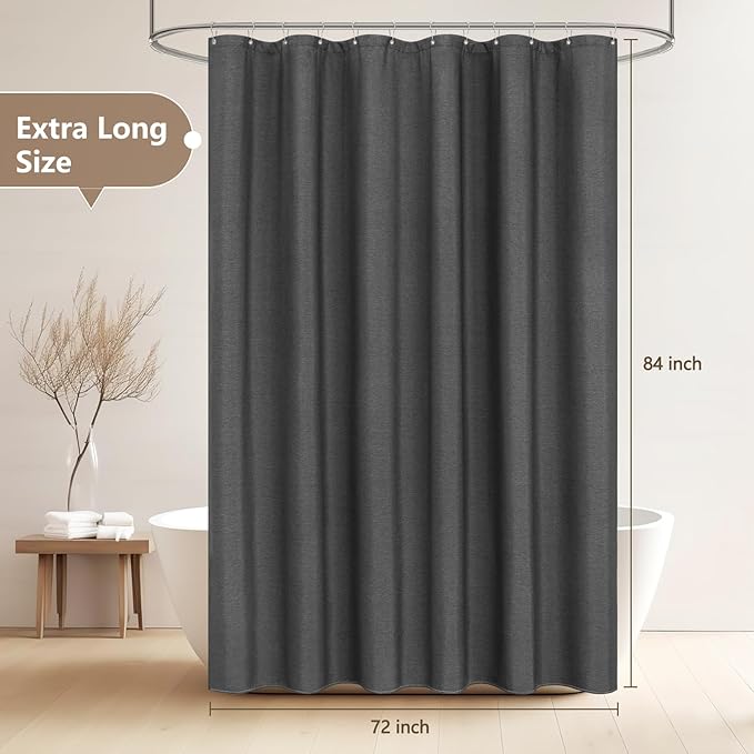 Rustic Country Fabric Shower Curtain Extra Long 72 x 84 Inch, Heavyweight Faux Linen Shower Curtain Charcoal Grey Water-Resistant, Dark Gray Shabby Chic Hotel Bathroom Curtain Washable