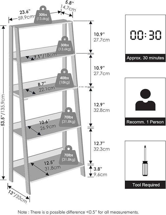 Furinno Ladder Display Shelf, 5-Tier Ladder Shelf, Ladder Bookshelf, Display Storage Shelves, 13 x 23.6 x 53.5, for Living Room, Home Office, White