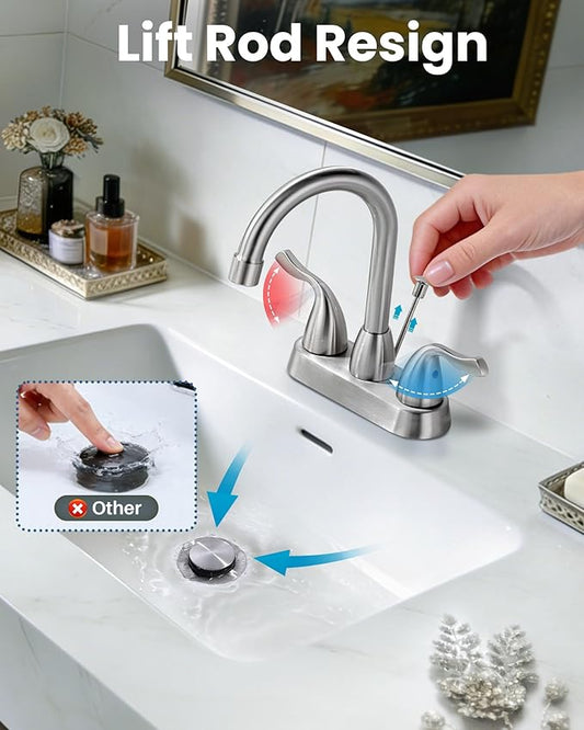 ARCORA 2 Handle Modern Bathroom Faucet Brushed Nickel, 4 Inch Centerset Bathroom Faucet with Drain Assembly and Supply Hoses, 3 Holes Faucet for Bathroom Sink