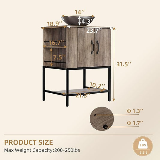 VNN Small Bathroom Vanity with Sink - 24 Inch Vanity with Sink, Freestanding Cabinet with Open Shelf, Modern Iron Wood Bathroom Cabinet with Countertop Tempered Glass Vessel, Grey