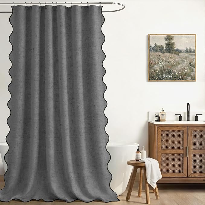 Scalloped Shower Curtain Linen Boho Flax Dark Gray 72" W x 72" L | Linen Fabric, Black Border, Washable, Heavy Duty Cloth, Shower Curtain for Boho Farmhouse Bathroom Bathtub