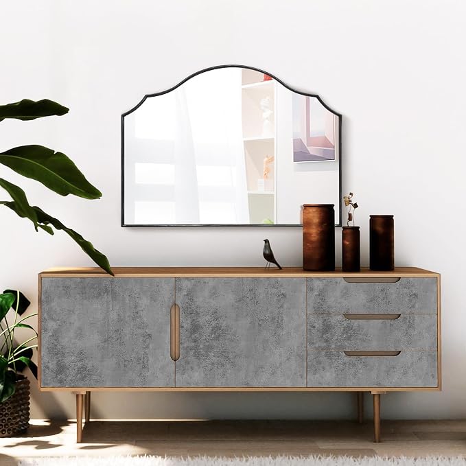 Besdomus Black Wooden Vanity Mirror: 32"x24" Bathroom Mirrors for Over Sink | Scalloped Modern Minimalist Decorative Wall Mirror for Dresser/Mantel/Bedroom/Entryway/Fireplace/Nightstand/Dining Room
