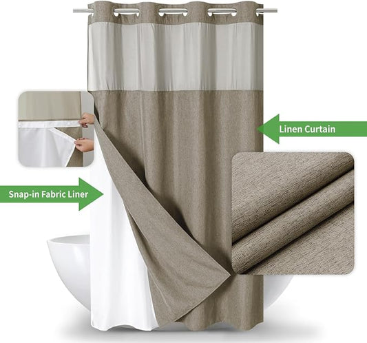 eachope No Hook Fabric Shower Curtain with Snap-in Liner,54x80 Khaki/Tan | Linen Texture,230GSM Thick Fabric,Hotel Luxury Decor,Mesh Window,Waterproof & Machine Washable,for Shower Stall or Bathroom