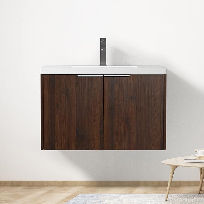 30in Wall Mount Bathroom Vanity w/Sink Combo for Home, Resin Countertop Double Doors Modern Bathroom Vanity Cabinet for Company, Floating Walnut Bathroom Vanity and Sink Set w/Silver Handle