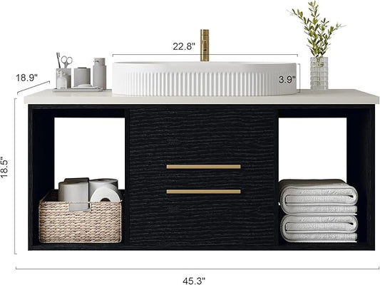 40" Bathroom Vanity with Sink Set, Modern Black Wall Mounted Bathroom Vanity Cabinet with Above Oval Ceramic Sink,Gold Handle 2 Drawers & 2 Open Storage, Single Sink Floating Bathroom Vanity