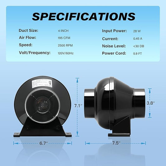 HealSmart 4 Inch Exhaust Inline Duct 195 CFM Quiet Vent Booster Blower for Indoor Grow Tent Hydroponics Ventilation, Fan New, Black