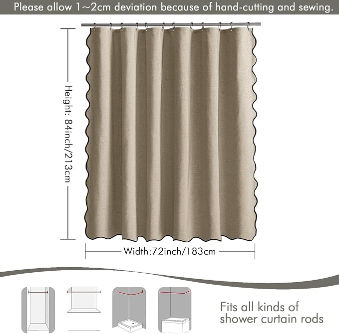 MIULEE 72"x84" Extra Long Scalloped Linen Shower Curtain Khaki | Linen Textured, Waterproof, Washable, 12 Metal Hooks, Heavy Duty Cloth, Black Border, Shower Curtain for Bathroom Bathtub