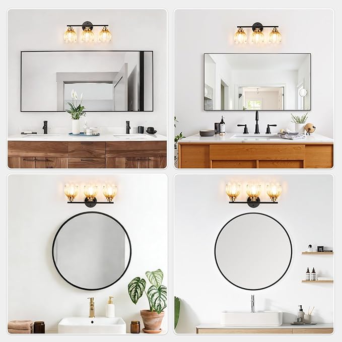 TALOYA Black Gold 3-Light Bathroom Vanity Light with Amber Tulip GlassShade | Modern Vanity Lighting Fixtures, Bathroom Lights Over Mirror, Wall Mount Mirror Light Fixtures for Bathroom Hallway Bedroom