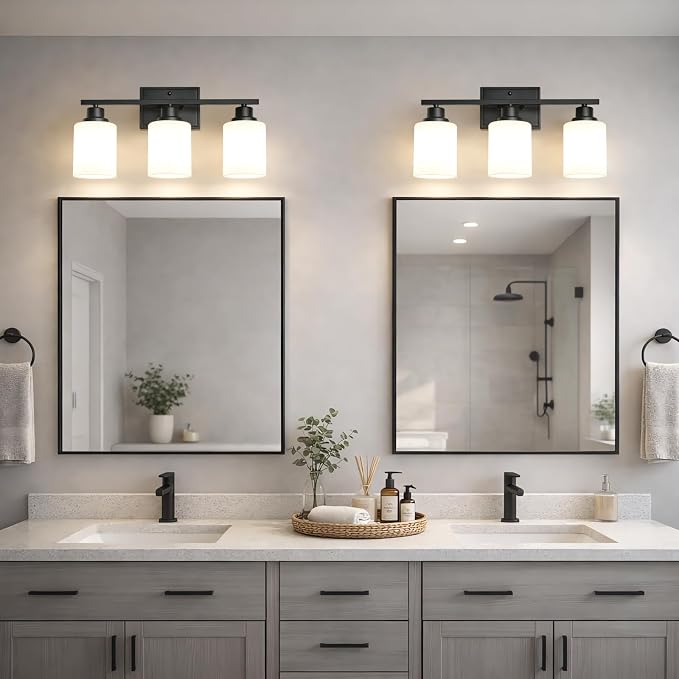 3-Light Bathroom Light Fixtures, Modern Black Vanity Light Over Mirror, Wall Sconces with Milky White Glass Shades for Living Room Bedroom Hallway E26 Base