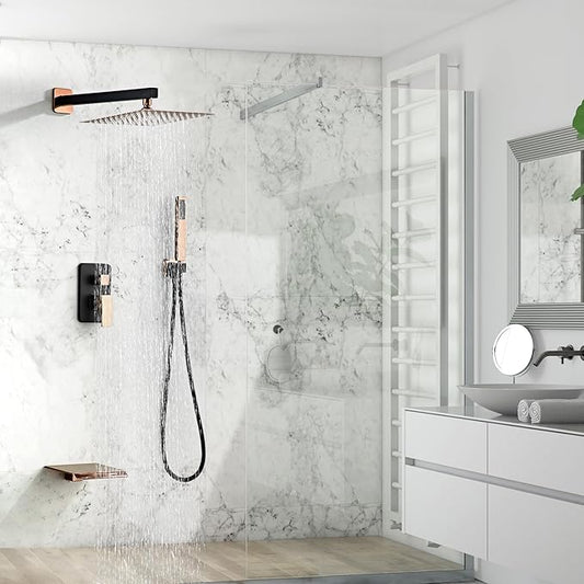 Shower Faucet Set with Tub Spout, Matte Black and Rose Gold Rainfall Shower System Complete Wall Mounted for Bathroom with 10 Inch Square Shower Head and Handheld Shower Head Rain Mixer Combo