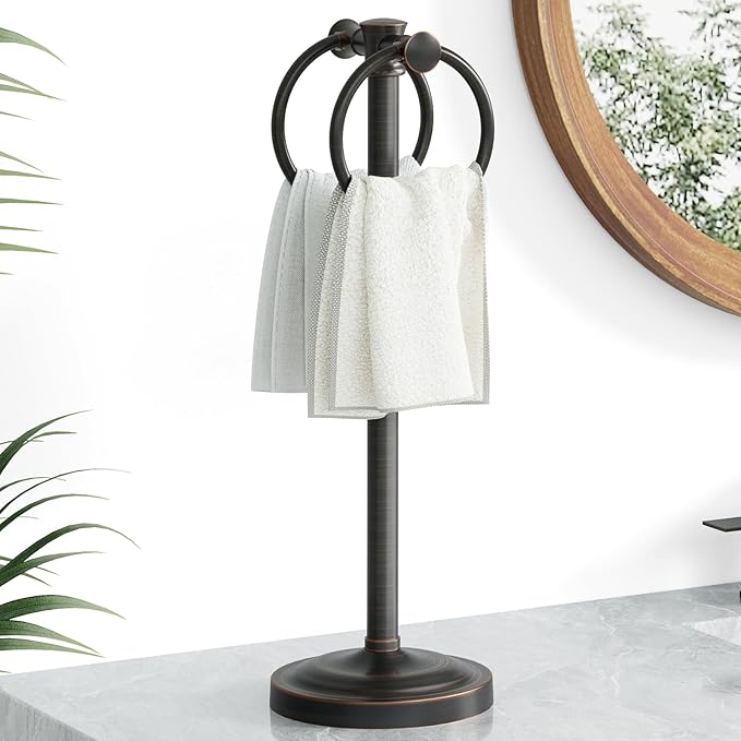 Hoimpro Hand Towel Holder Stand Bathroom Countertop Towel Bar Rack Bronze | Oil Rubber Bronze, Freestanding, Free Standing Towel Ring Hanger for Vanity Counter Kitchen Accessories, Stainless Steel