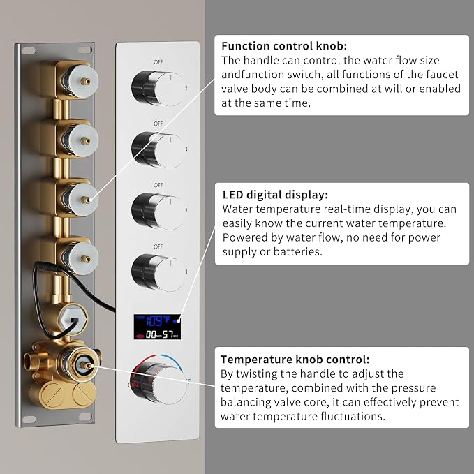 16X26 inch Rainfall Shower System Chrome Shower Faucet Set | Temperature Display Shower Faucet with 6 Body Jet, 8 inch Wall Mounted Shower Head and Handheld Set