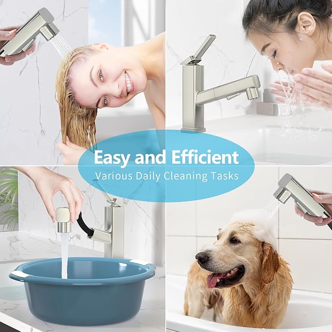 MIAOHUI Pull Out Single Hole Bathroom Faucet, 3 Spray Mode Single Handle Bathroom Faucets for Sink 1 Hole, Bathroom Sink Faucet with Pull Down Sprayer, Vanity Faucet with Fountain Mode, Brushed Nickel