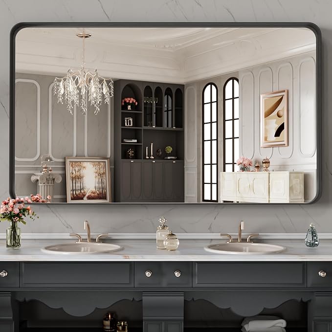 LOAAO 48X28 Inch Black Metal Framed Bathroom Mirror for Wall | Matte Black Bathroom Vanity Mirror, Anti-Rust, Tempered Glass, Hangs Horizontally or Vertically