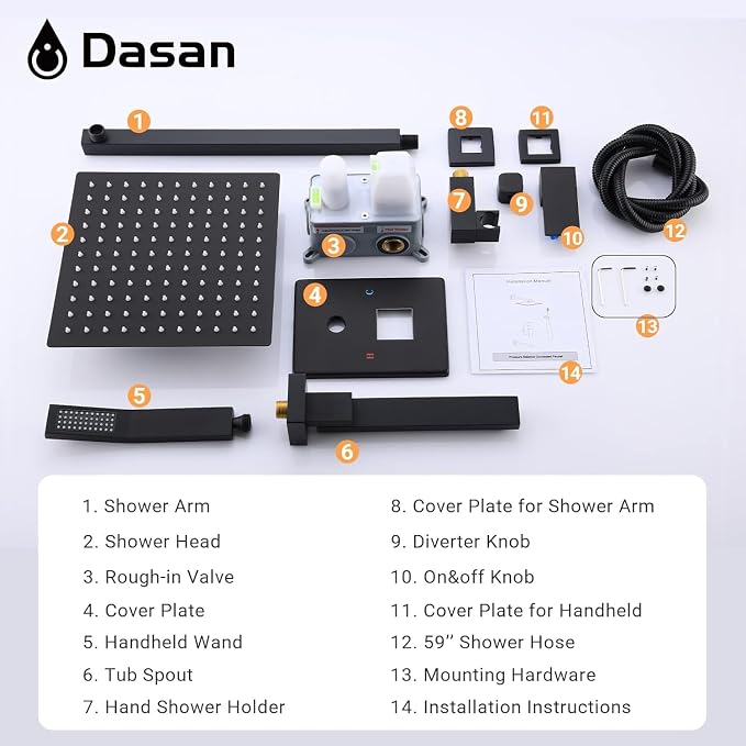 DASAN Tub Shower Faucets Sets Complete Matte Black Bathtub Shower System with Tub Spout, Bathtub Faucet Set Tub and Shower Faucet Combo Trim Kit with Rough-in Valve