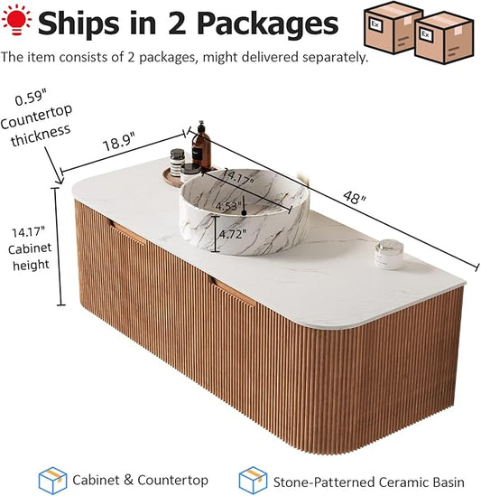 48 Inch Floating Bathroom Vanity with Sink, Plywood Bathroom Storage Cabinet with Stone Pattern Ceramic Basin and Countertop, Large Soft-Closing Storage Drawer, Pre-Assembled, Nature Wood