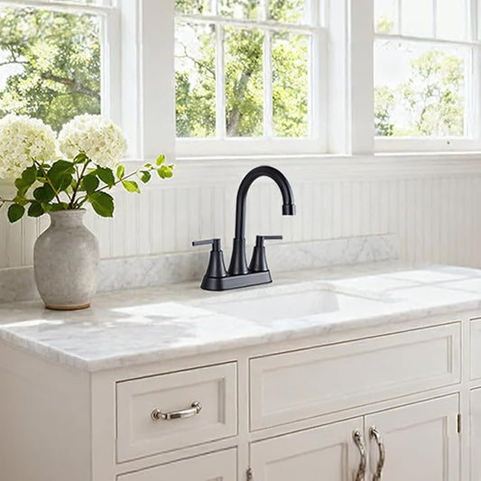VCCUCINE Bathroom Faucets for Sink 3 Hole, Hurran 4 inch Matte Black with Pop-up Drain and 2 Supply Hoses, Stainless Steel 2-Handle Centerset Faucet for Sink Vanity,VC-MC-010B