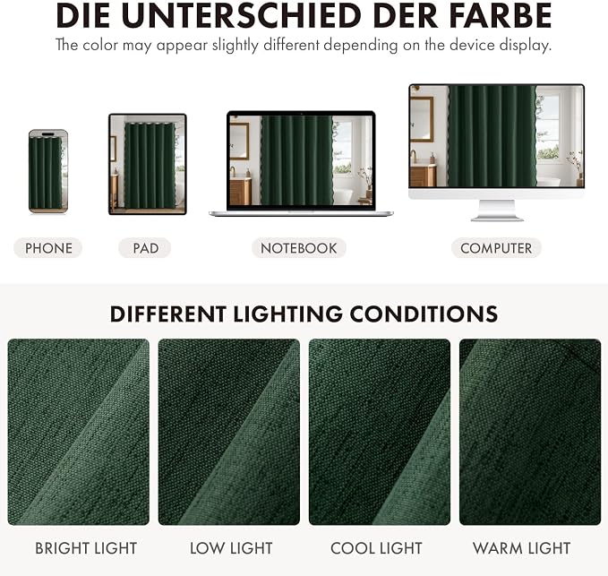 ANRODUO Dark Green Scalloped Linen Textured Shower Curtain, W72 x L84 | Boho Farmhouse Shower Curtain with 12 Metal Hooks, Machine Washable Waterproof Heavy Duty Fabric for Bathroom Bathtub