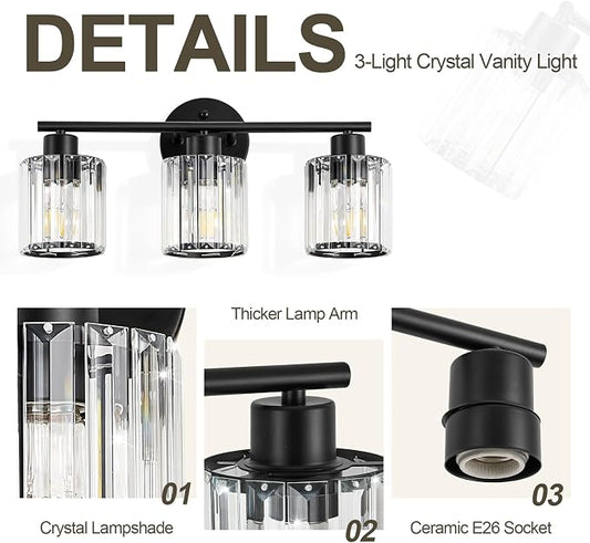 Modern Black Crystal Bathroom Light Fixtures,3-Light | Bathroom Lighting Fixtures over Mirror,Vanity Lights for Mirror, Restroom(Ceramic E26 Socket,Bulbs Not Include)