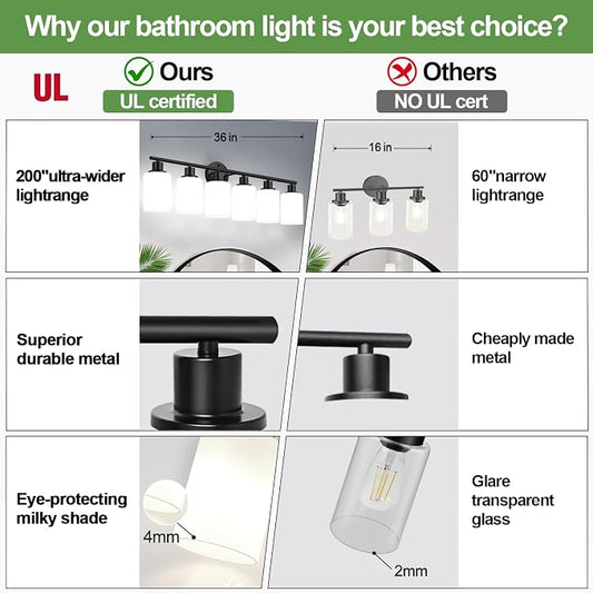 Zarbitta 6-Light Bathroom Light Fixtures, Black Modern Vanity Lights with Milky White Frosted Glass Shades, Bathroom Wall Lamp, for Mirror, Living Room, Kitchen, Hallway, Cabinet, Porch