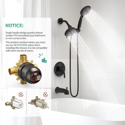 SR SUN RISE Dual 2 in 1 Shower System with Tub Spout,Oil Rubbed Bronze | 3-Way Diverter Rain Shower Combo Set,6 Spray Setting,High Pressure,Soild Brass,Included Valve and Trim Kit