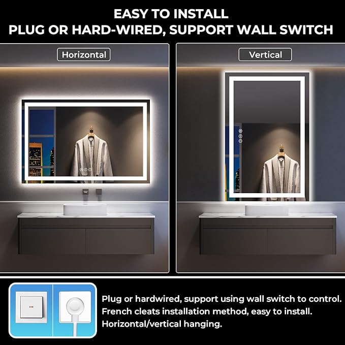 55x36 LED Bathroom Mirror with Lights, Lighted Vanity Mirror | Backlit and Front Light, Anti-Fog, 3 Color Dimmable, Memory, Tempered Glass, IP54 Waterproof, UL Listed