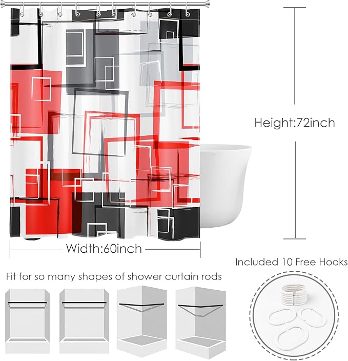 Red and Black Geometric Shower Curtain with Hooks,Grey and White Abstract Striped Shower Curtain for Bathroom Decor Modern Minimalist Shower Curtain Set,72L X 60W inches