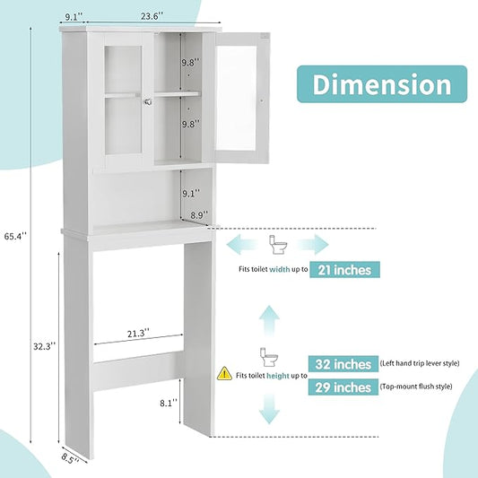 Shintenchi Over the Toilet Storage Cabinet, Bathroom Shelf Organizer with Anti-Tip Device Small Freestanding Space Saver with Adjustable Shelf and Glass Door, White