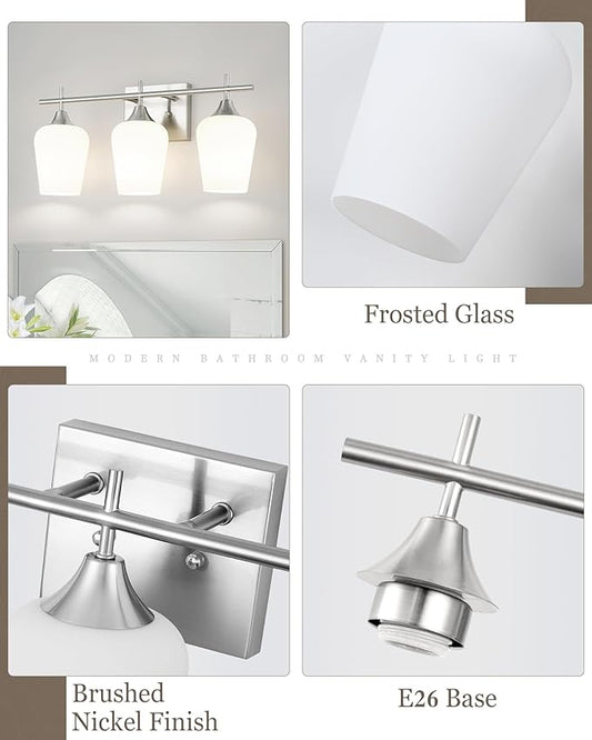 3 Light Bathroom Light Fixtures Over Mirror, 21 Inch Brushed Nickel Bathroom Vanity Lights, Modern Bath Wall Sconces with Frosted Glass Shade, OS-YQ9167-3BNW